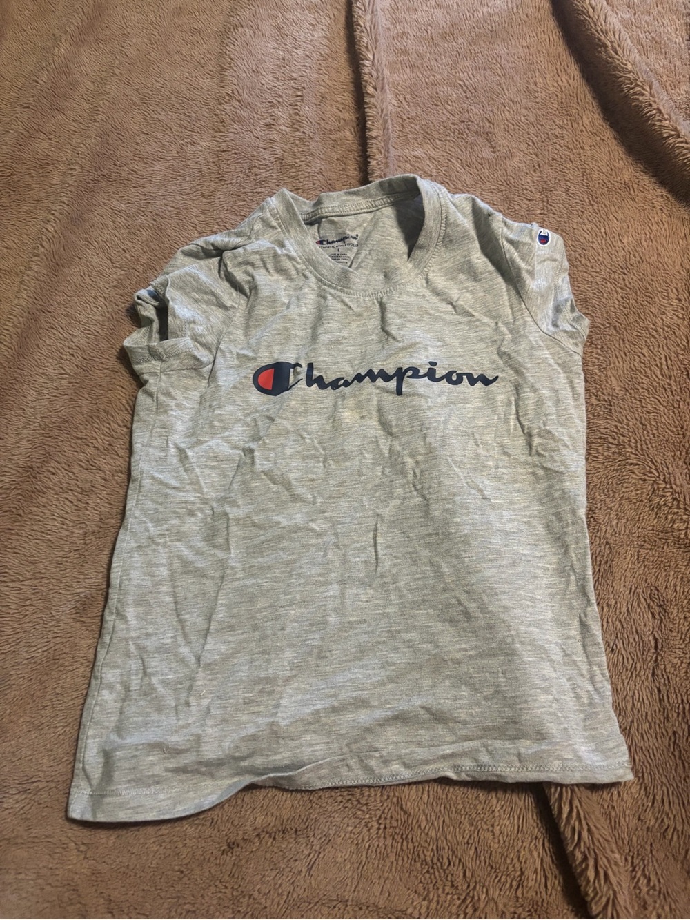 Champion Heather Gray Crewneck Tee with Blue Logo kids